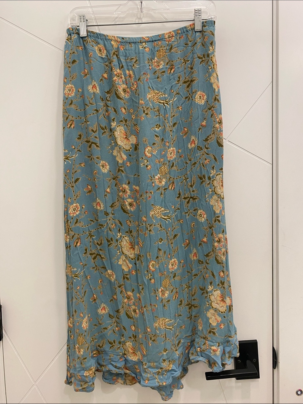 April Cornell Blue Floral Maxi Skirt with Cream & Green Accents